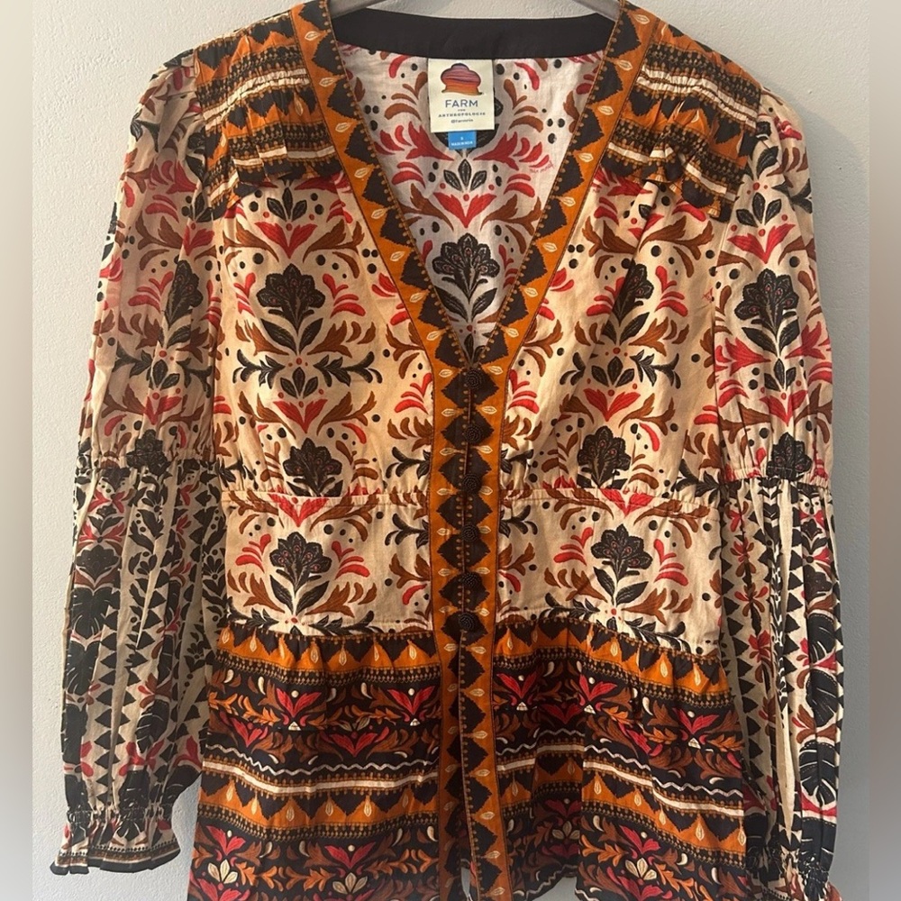 Anthropologie Farm Rio Long-Sleeve V-Neck Printed Blouse Small NWT - Picture 3 of 7